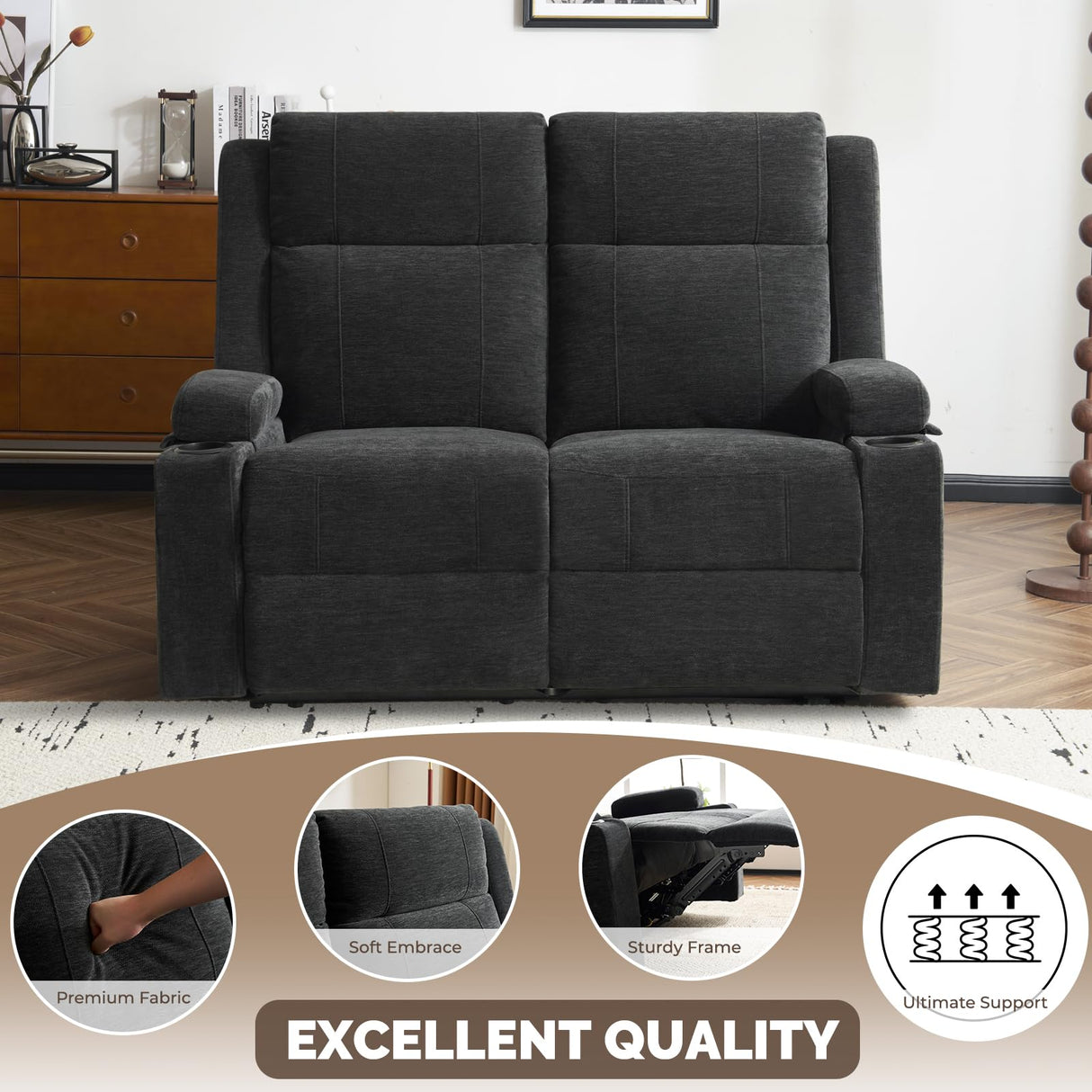 PALLOME Manual Reclining Loveseat Sofa, 2-Seater Recliner Couch with Cup Holders, Fabric Reclining Sofa for Living Room/RV (Black) PALLOME