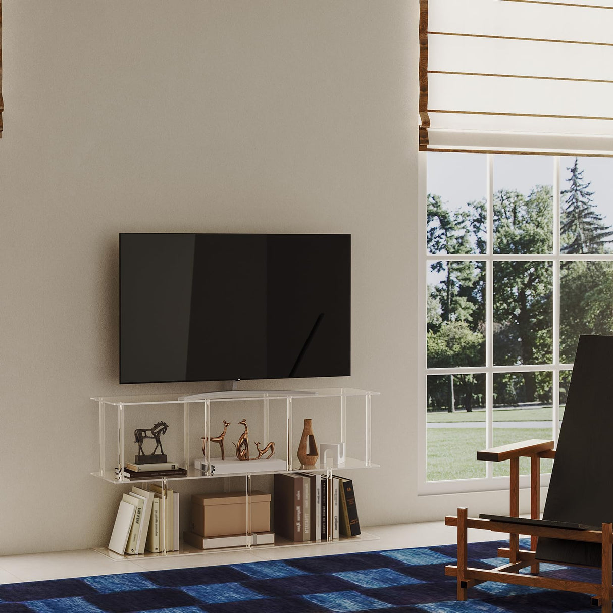 CRTERICX 3-Tier Acrylic Horizontal Bookshelf, Clear Long Bookcase, Modern Low Book Shelf with 5 Cube Storage for Living Room, Office, Bedroom, 11.8''D x 47.2''W x 24.6''H CRTERICX