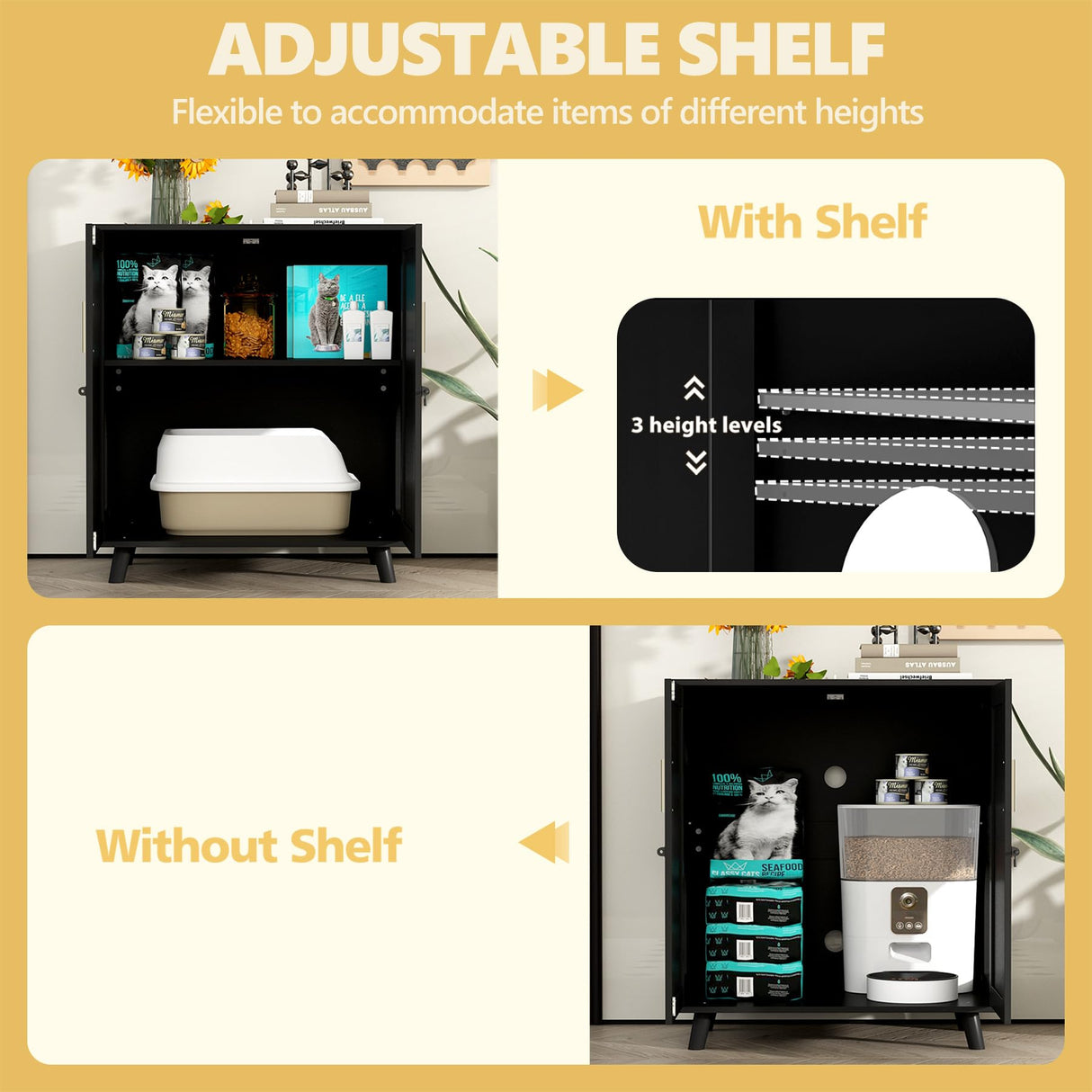 MOOLIVE Cat Litter Box Enclosure, Hidden Cat Litterbox Furniture with Storage, Wooden Cat House with Adjustable Shelf and Cat Scratcher Mats, Cat Washroom for Bedroom, Living Room, Black MOOLIVE