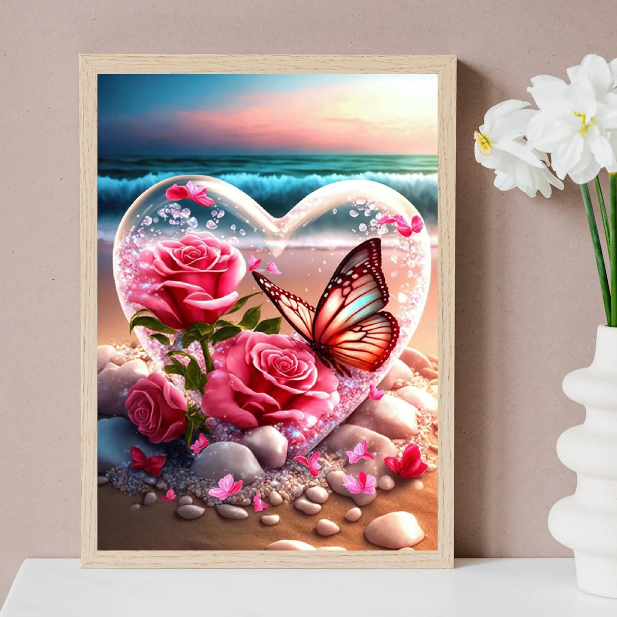 KINPLUB Beach Diamond Painting Kits for Adults, Flowers Heart Diamond Art Kits, 5D DIY Full Drill Seaside Butterflies Paint with Diamonds, Crystal Gem Art for Home Wall Decor 12 x 16 Inch KINPLUB