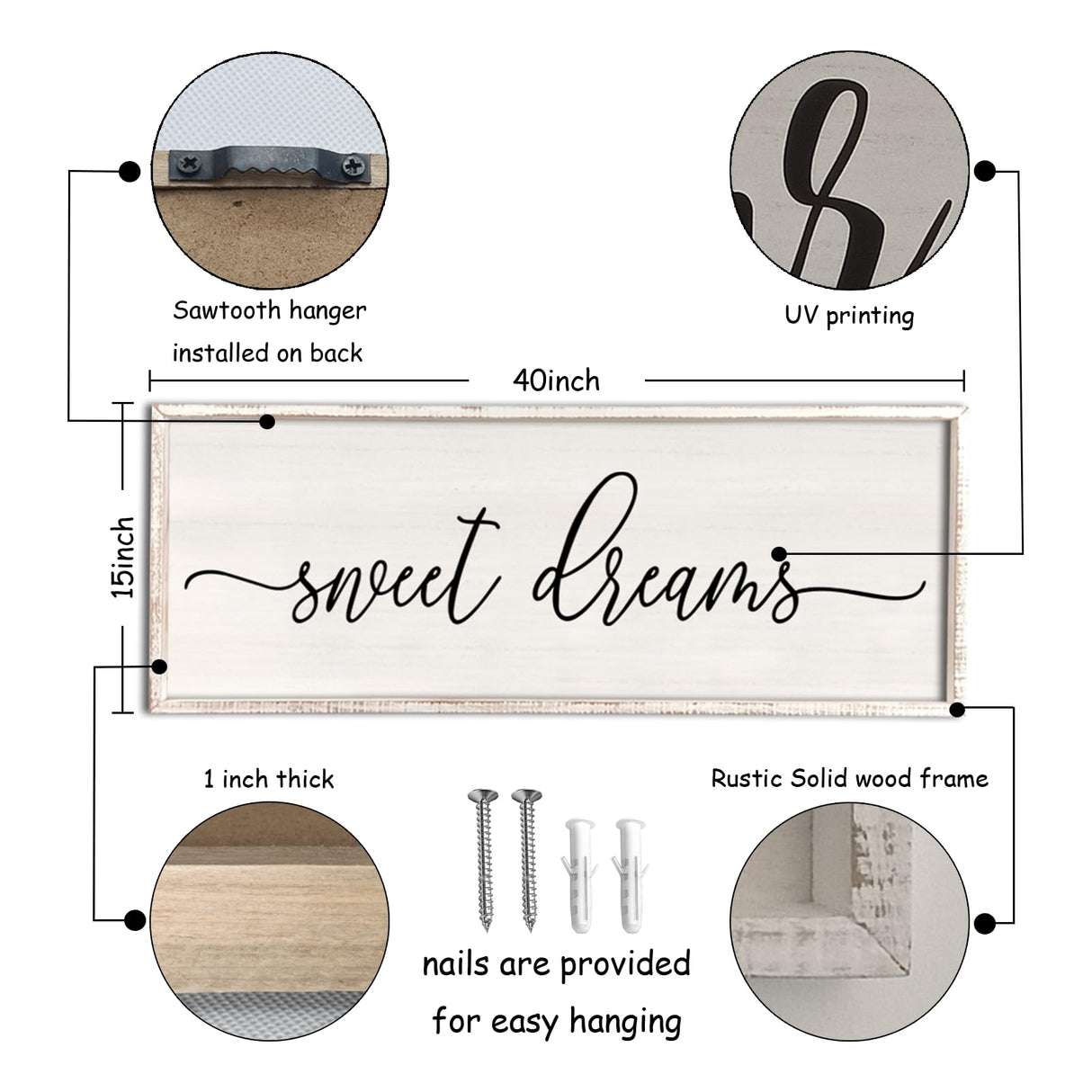Sweet Dreams Wall Decor Above Bed 40''×15'' Master Bedroom Large Sweet Dreams Sign Farmhouse Wall Decor Guest Room Wood Rustic Framed Over Bed Wall Art Hanging Decoration (White) Surfapans