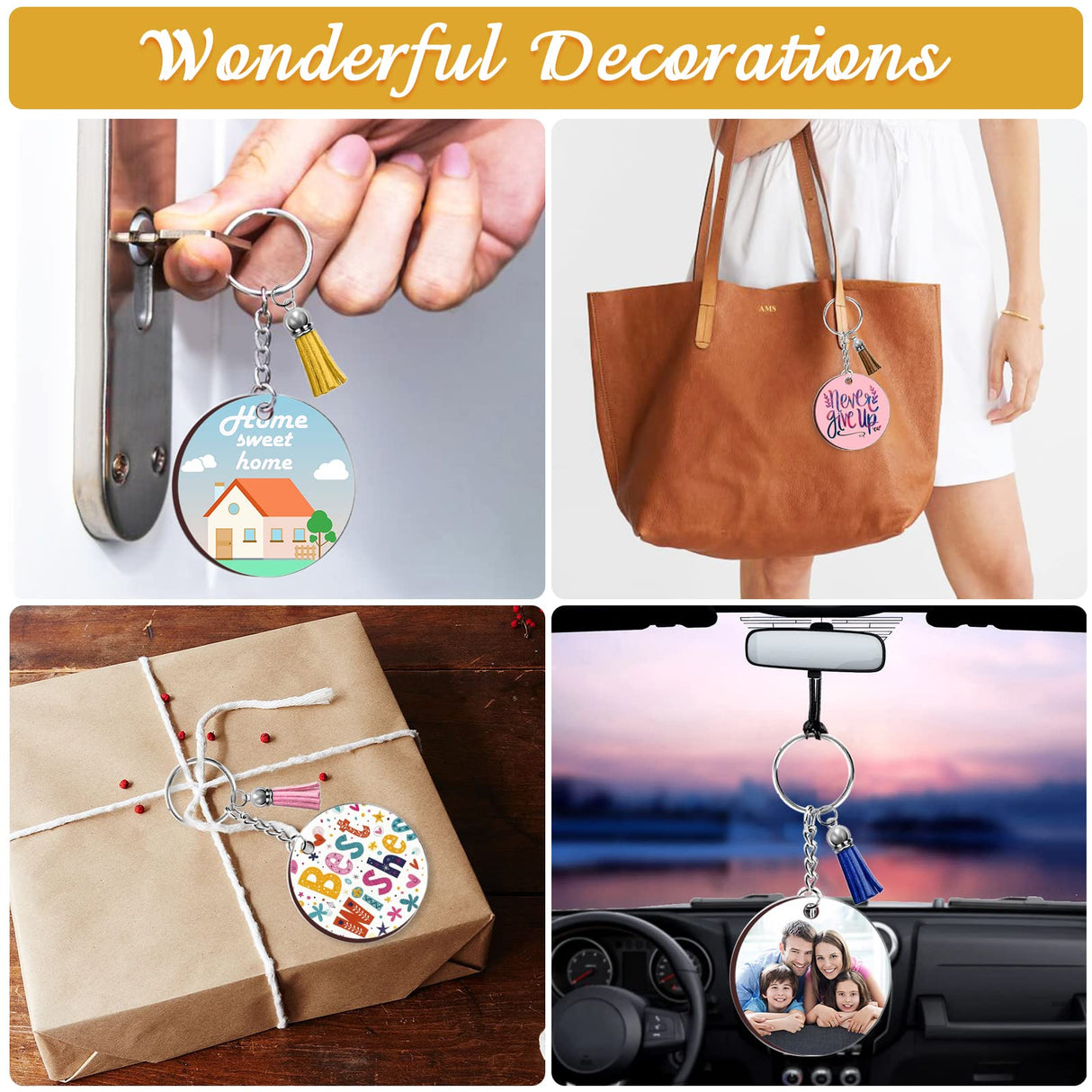 ZOCONE 250 Pcs Round Sublimation Keychain Blanks Bulk, Sublimation Blanks Keychain 2in Heat Transfer Blank Keychains, Double Side Keychain with Tassels, Jump Rings, DIY Gift Ornament ZOCONE