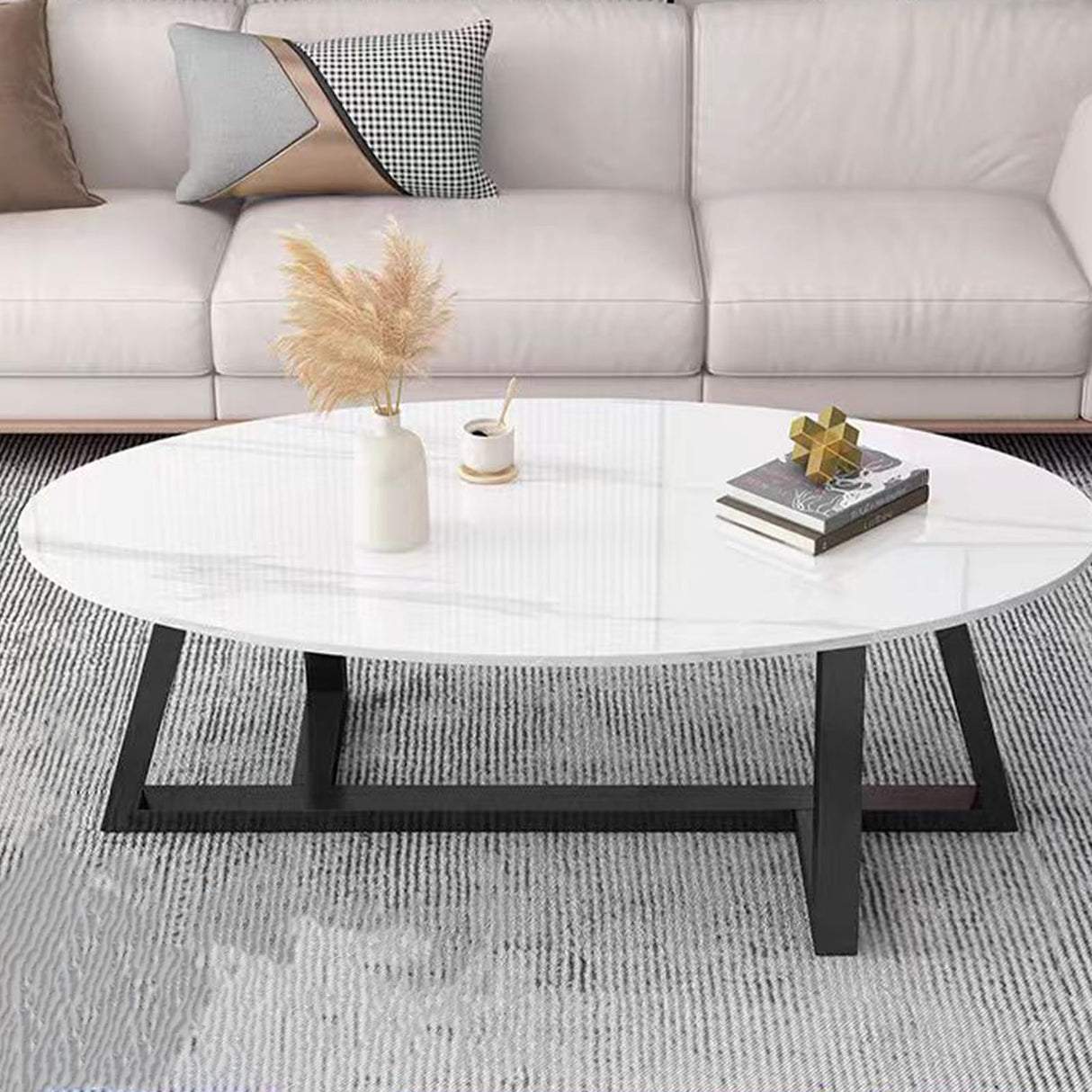 Wolawu Coffee Table White Faux Marble Coffee Table for Living Room,Oval Modern Center Table Tea Table for Small Space,Wooden Living Room Tables End Table with Sturdy Black Metal Leg Wolawu