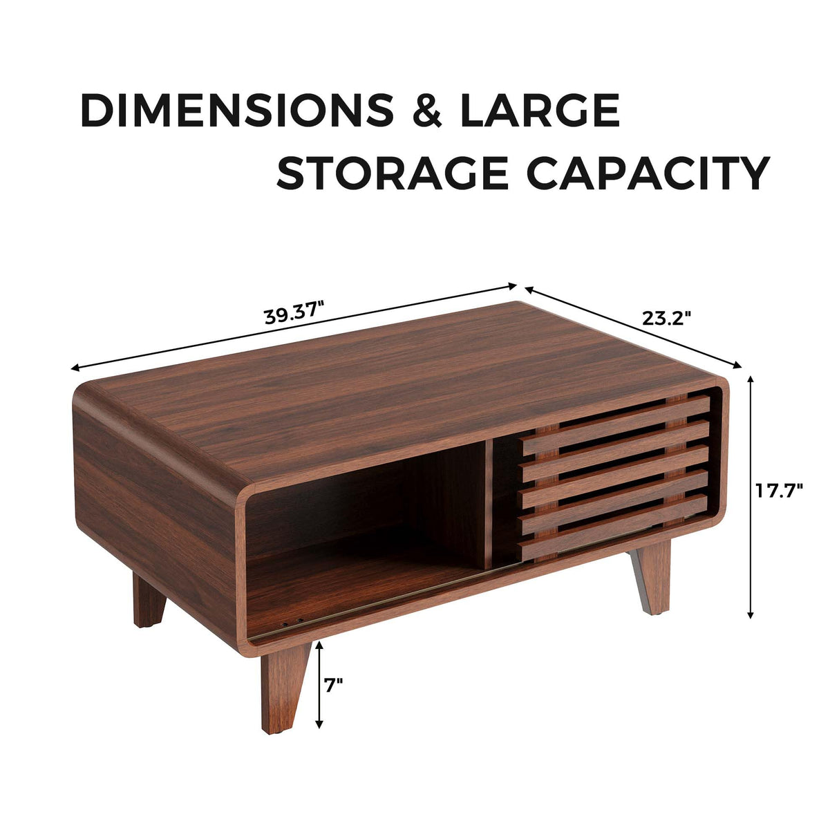 Walnut Coffee Table with Storage, 39" Mid Century Modern Coffee Table for Living Room Rectangle Wooden Center Table Small Fluted Tea Table with Sliding Door and Open Shelves Luoxiao