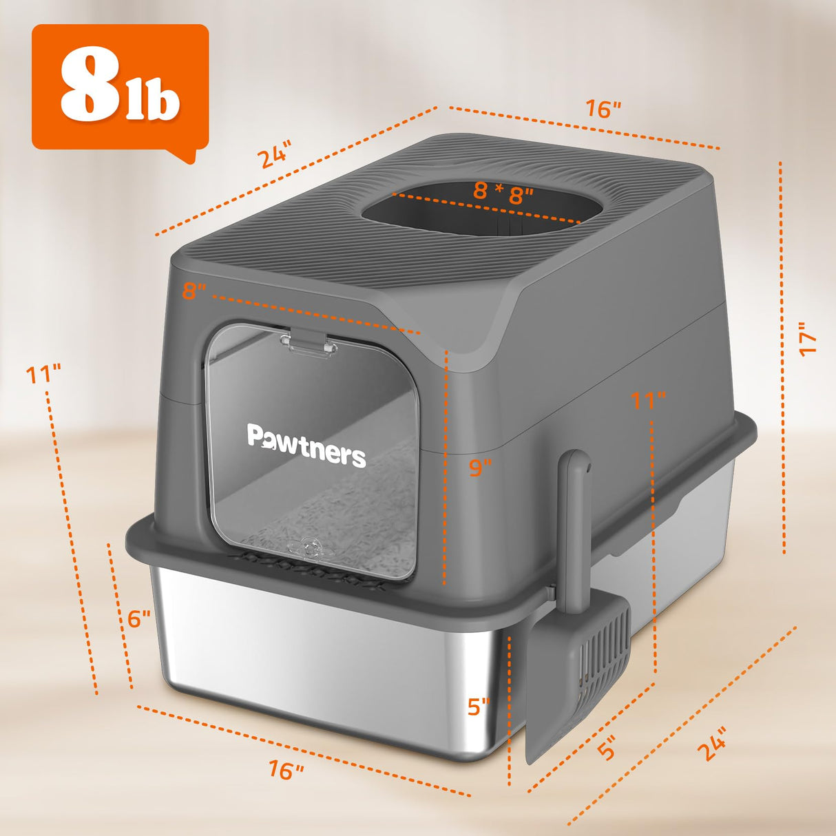 Pawtners Stainless Steel Cat Litter Box, XL Extra Large Kitty Litter Pan, Front Entry Top Exit Hooded Metal Cat Toilet for Odor Control with Removable Lid & Scoop, Anti-Leakage, Easy to Clean Pawtners