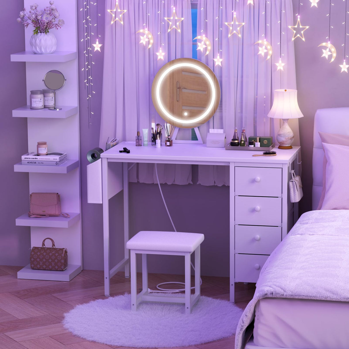 KAI-ROAD White Vanity Desk with Mirror and Light- Makeup Vanity Set Table with Chair, Storage, Lighted Mirror, 4 Large Fabric Drawers & Power Outlet, Dressing Table Vanities for Girls Bedroom KAI-ROAD