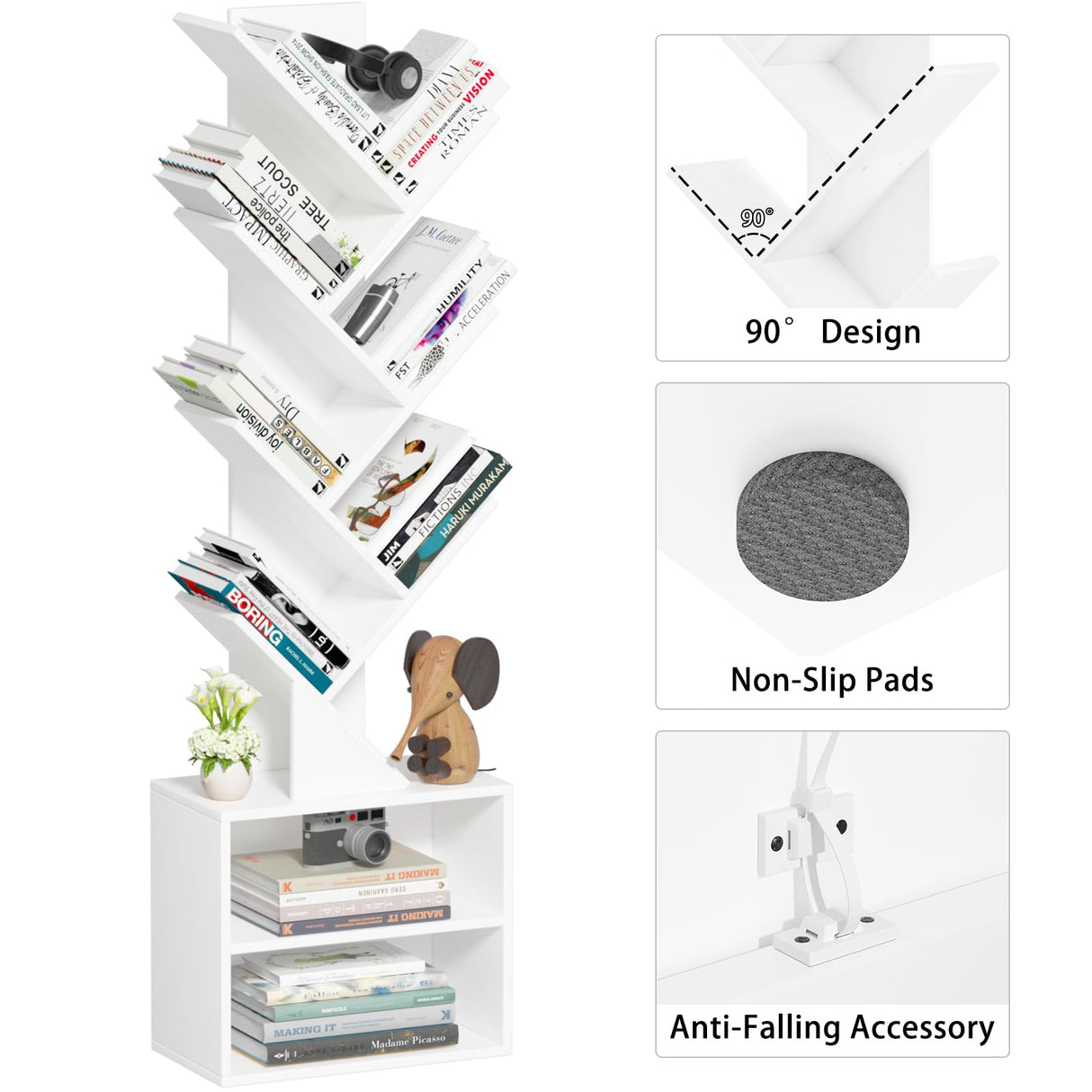 SHEEPAM 10 Tier Tree Bookshelf,Floor Standing Wood Tall Bookcase for Narrow Space, Storage Organizer Bookshelves for Books, Book Case for CDs/Movies/Books,Home Office,Living Room, Bedroom SHEEPAM