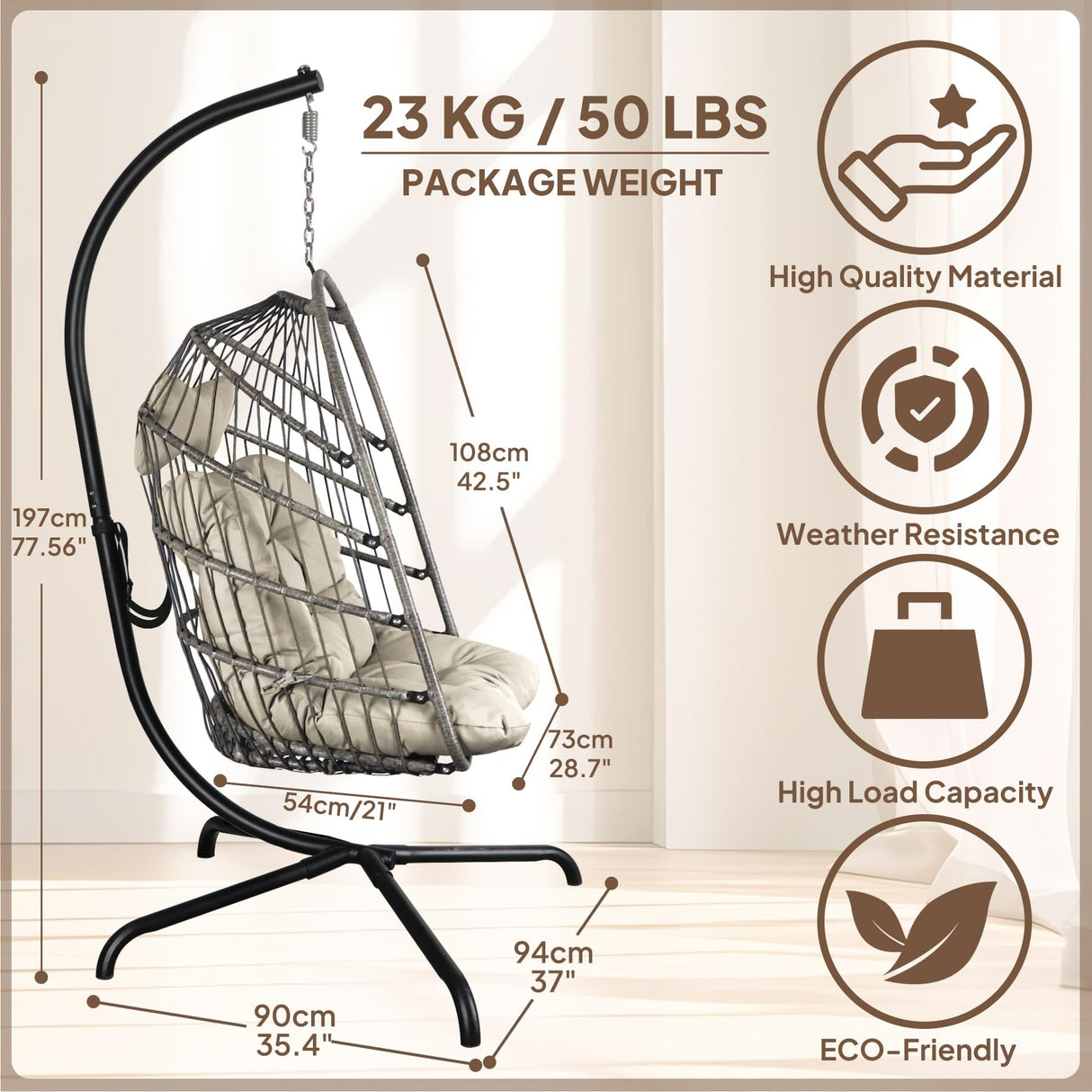 Chihee Egg Chair with Ultra Strong Stand and Cushion Foldable Wicker Rattan Hanging Chair Indoor Outdoor Patio Lounging Chair 330 lbs Capacity Balcony Porch Bedroom Garden Chihee