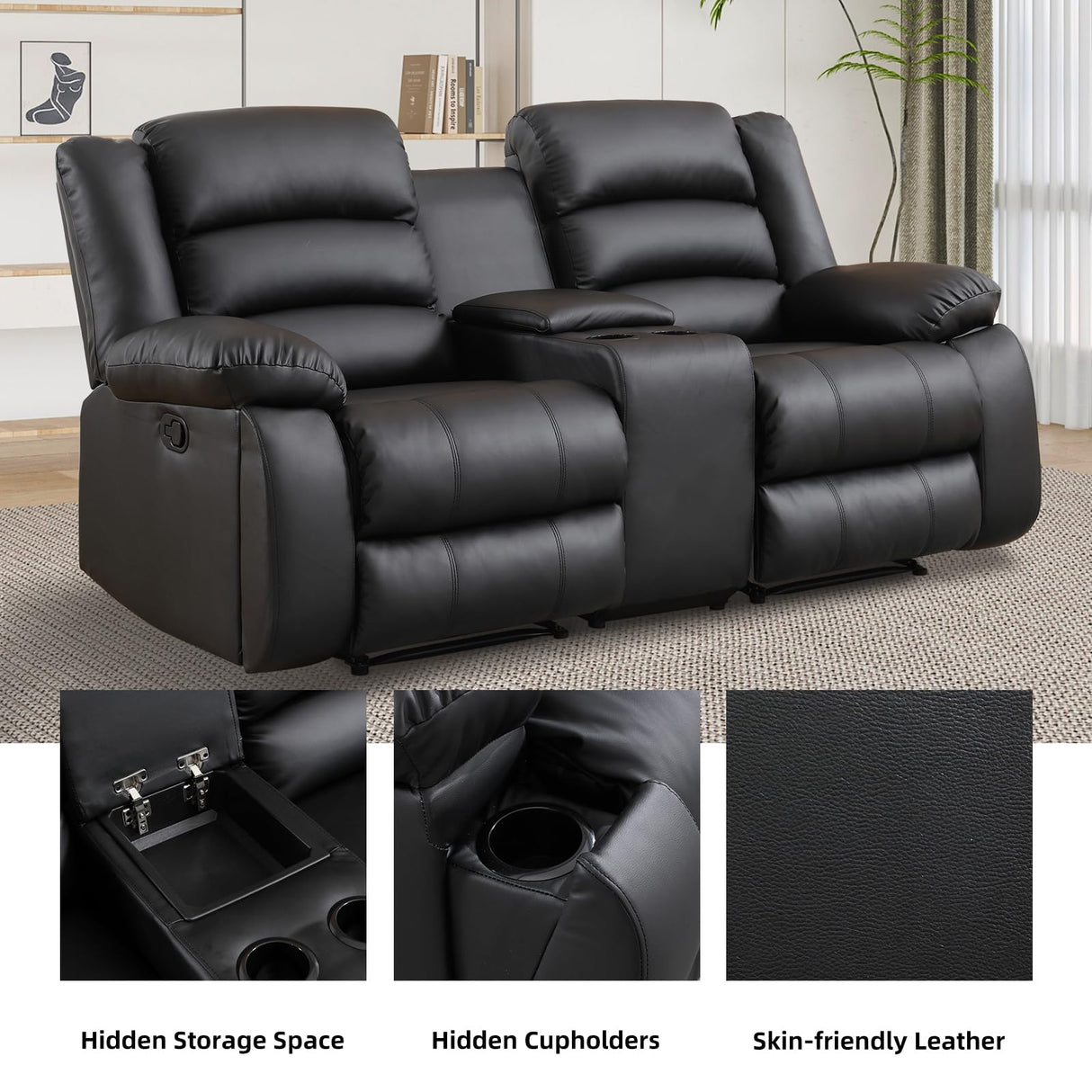 EBELLO Faux Leather Manual Loveseat Recliner, Reclining Sofa Chair with 2 Concealed Cup Holders, Hidden Storage, Overstuffed Armrest Couch Set for Living Room, Bedroom, Meeting Room, Black EBELLO