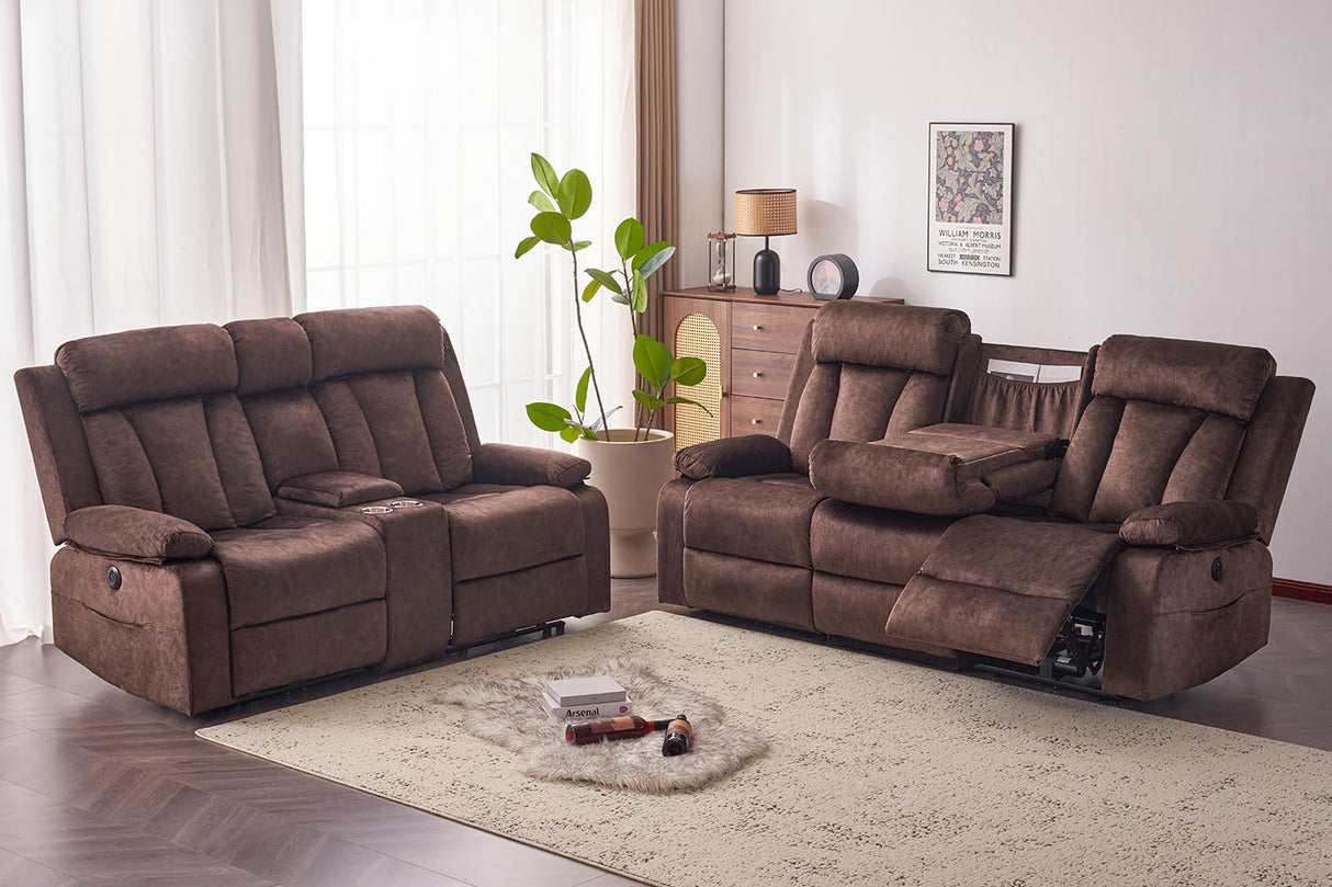 RIHEREFY Velvet Reclining Couch Set, Loveseat Recliner Sofa with Console, Cup Holder, USB & Type C, Massage & Heat, Modern Living Room Furniture, Brown, 82" W x 35.9" D x 42.5" H RIHEREFY