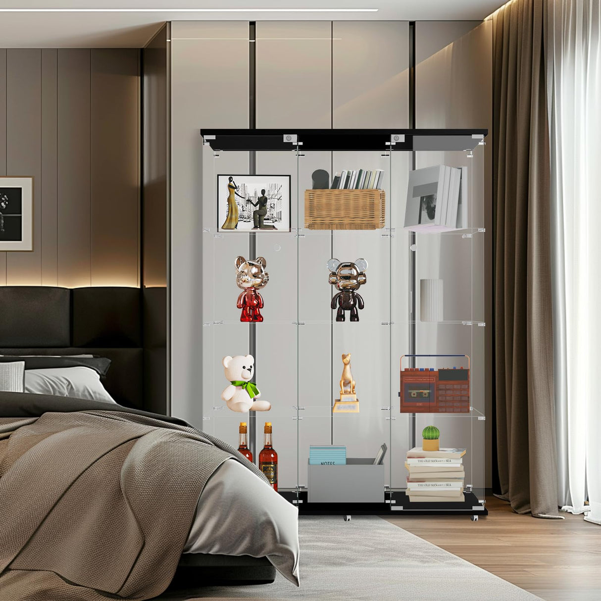 3-Column Display Cabinet with Glass Door and Lock, 12-Shelf Fast Installation in 30Mins Curio Cabinet with 5mm Tempered Glass Floor Standing Bookshelf for Bedroom, Living Room, 65'' x32'' x14'', Black GDJAASJI