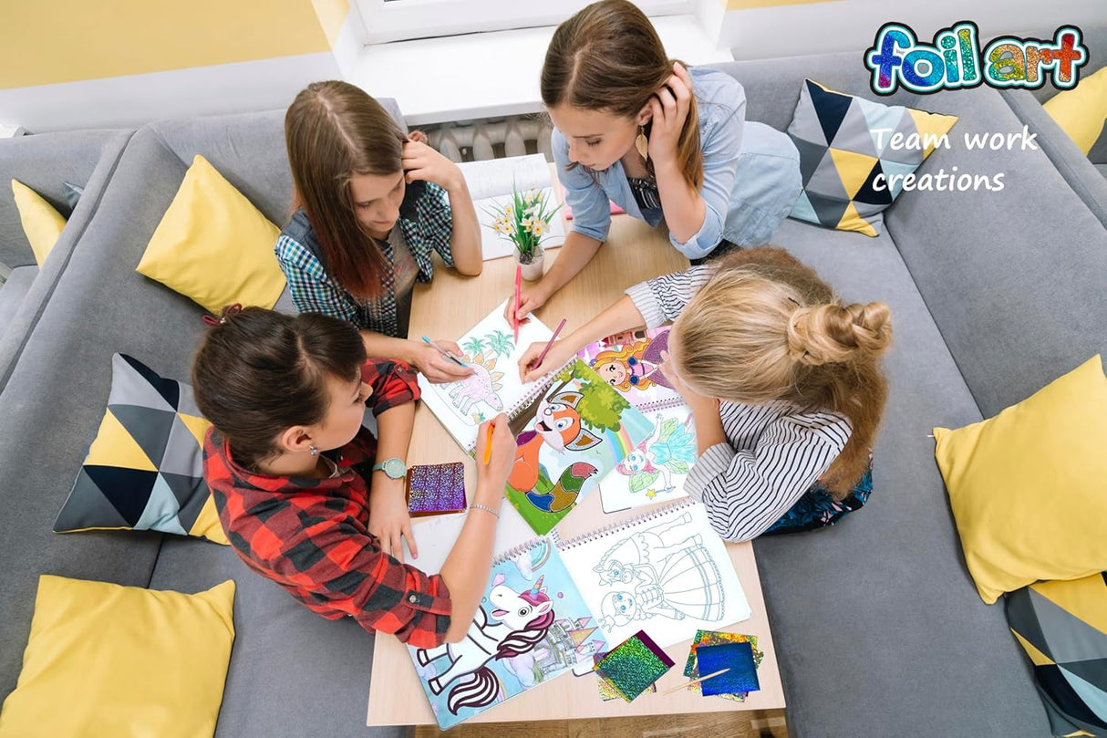 HBKJ Foil-Fun Art Gift for Girls - Magic Princess Gifts Foil Art Craft Stickers Book Supplies for Girls 4-5-6-7-8-9 Year Old Toddler Kids Activity Kit Travel Toys Christmas Birthday Gifts HBKJ