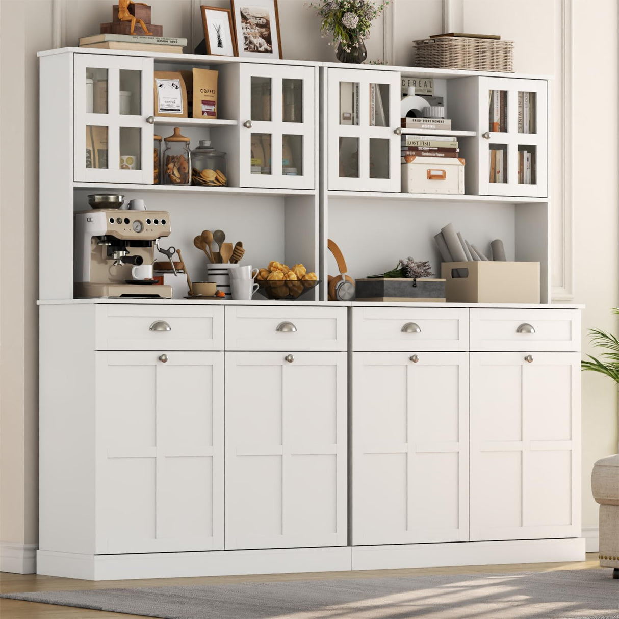 Double Tilt Out Trash Can Cabinet, 68" Tall Kitchen Pantry Storage Cabinet with 2 Drawers & Hutch & Microwave Coffee Stand, Freestanding 20 Gallon Trash Recycling Cabinet, Hidden Garbage Can Cabinet Auromie