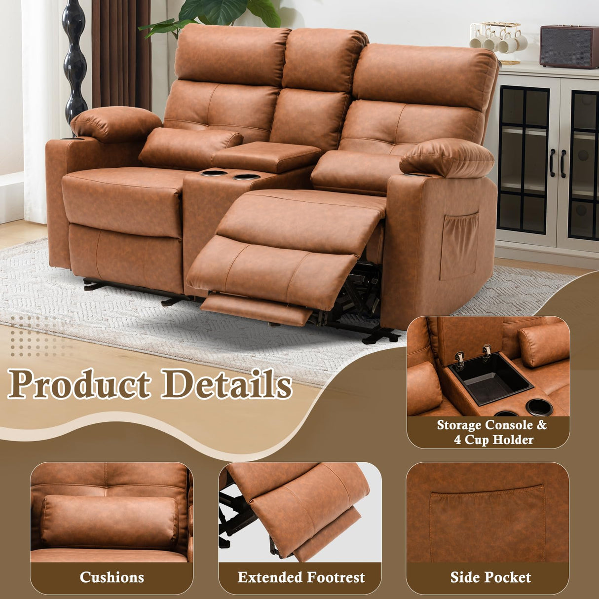 PALLOME Power Loveseat Recliner Sofa with Console, Loveseat Reclining Sofa with Heat & Massage, Home Theater Seating with Lumbar Pillow for Living Room, RV Recliner Loveseat(PU, Yellowish Brown) PALLOME