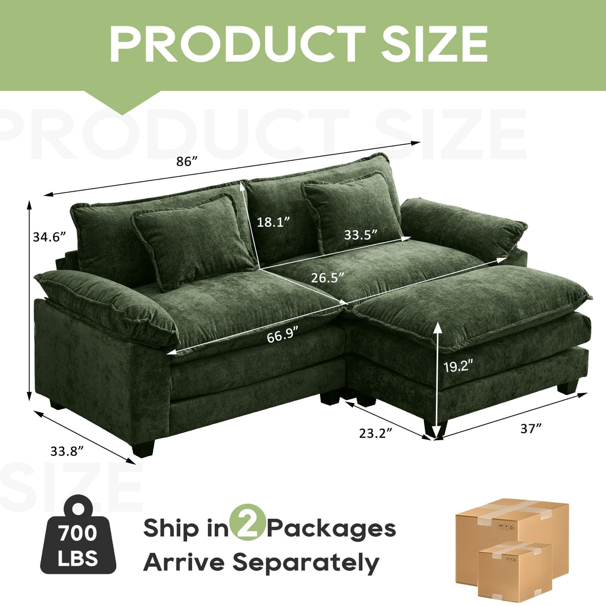 Oprisen 86" Modular Sectional Sofa, Comfy Cloud Couch Sectional Sofa with Ottoman, Chenille Sofa Sleeper Deep Seat Sofa with Throw Pillows for Living Room (Green, 86"- L Shape) Oprisen