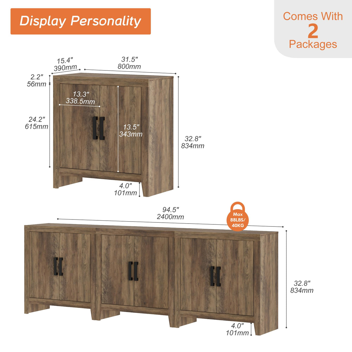 WAMPAT Farmhouse TV Stand for TVs up to 85 Inch, Rustic Wood Entertainment Center & Media Console with 6 Storage Doors, Accent Cabinet for Living Room, Hallway, Rustic Brown WAMPAT