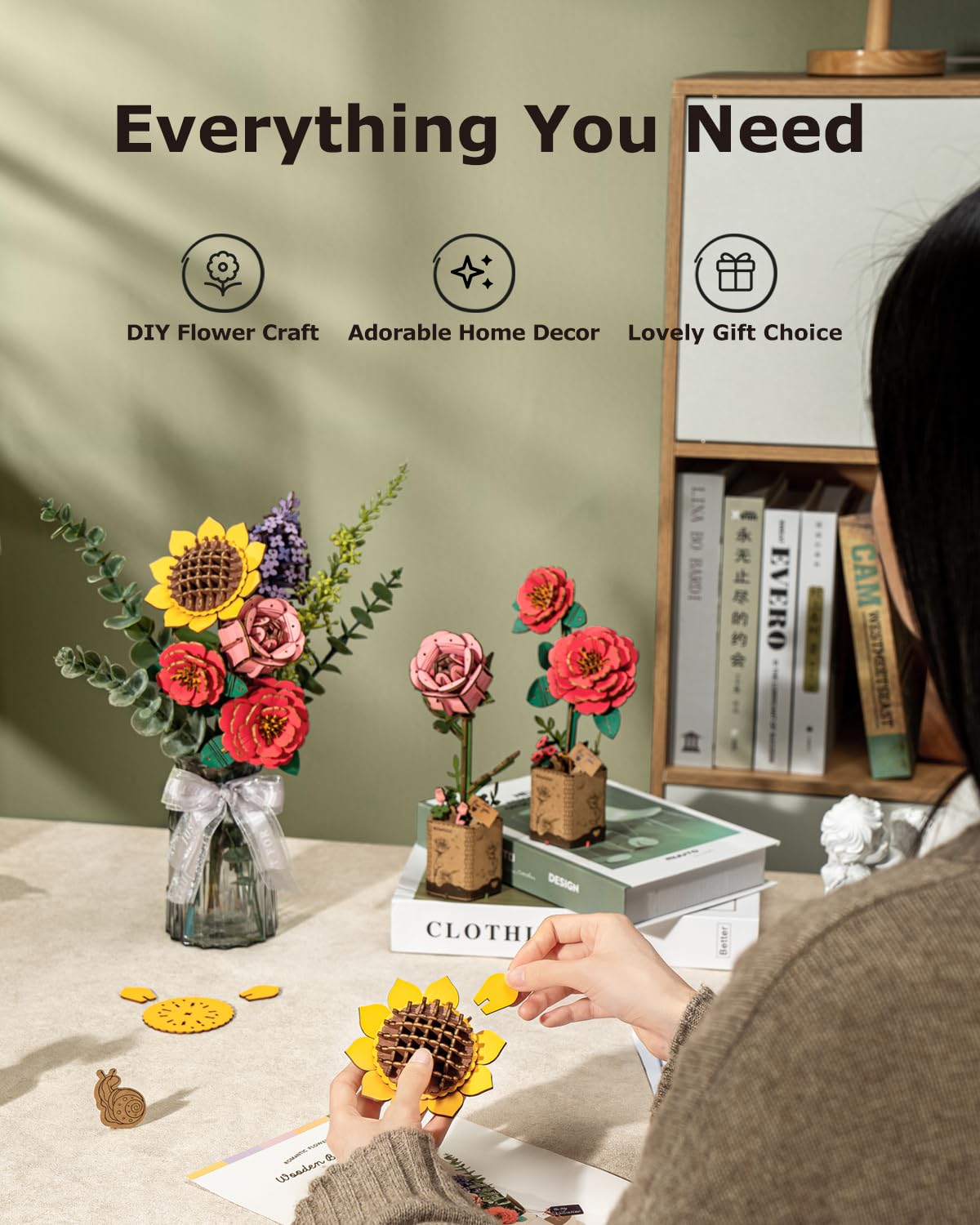 ROBOTIME 3D Puzzles Wooden Flower Bouquet DIY Model Building Kit to Build for Adults Artifical Bouquet Botanical Collection Craft Brain Teaser Puzzle Creative Gift Home Decor ROBOTIME