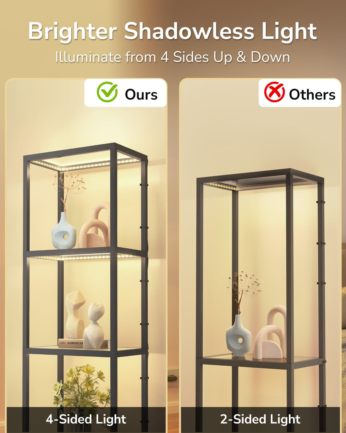 JACKYLED Display Cabinet with LED Lights 4-Tier Curio Cabinet with Customizable Warm/White Light Remote App and Button Control, Music Sync, Square Glass Shelf for Room Decor & Collection Display Case JACKYLED