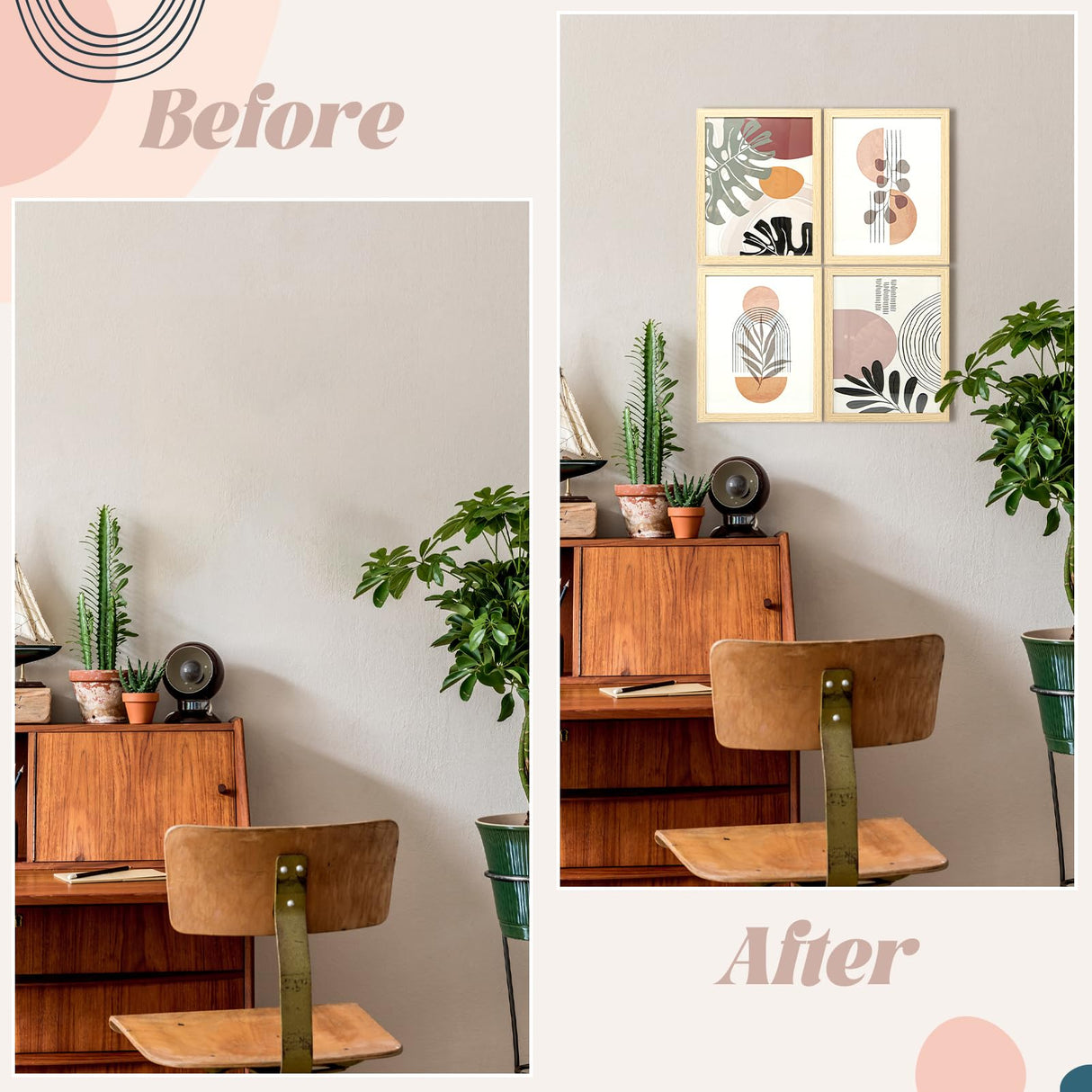 Art3d Framed Boho Wall Art Set of 4 for Wood Aesthetic Wall Decor for Living room Kitchen Hallway Bedroom, Neutral Botanical Wall Prints Art3d