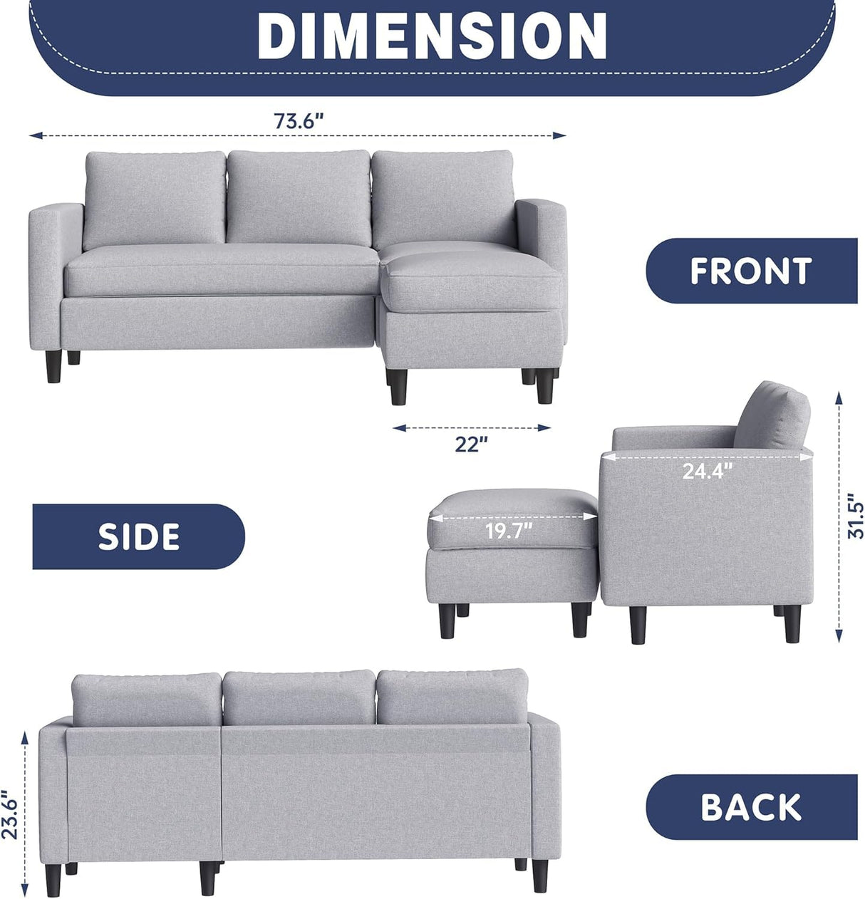 Shintenchi Small Sectional Couch Sofas, 3 Seat L Shape Sofa with Ottoman, Fabric Upholstered Convertible Sofa Couches, Small Couch for Apartments and Office (Light Grey) Shintenchi