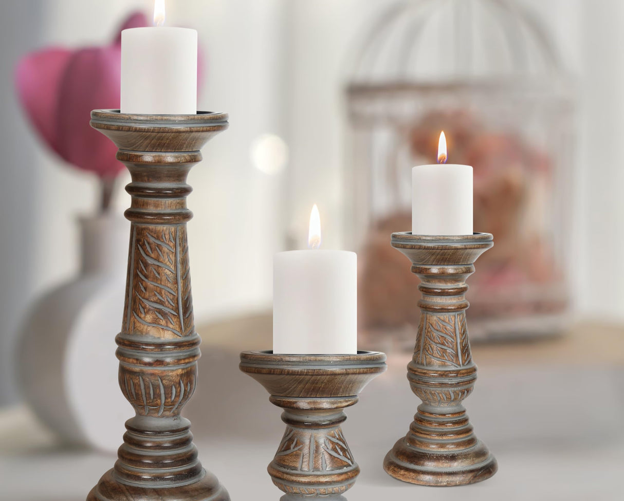 Candle Holders for Pillar Candles (Grey Wash, Set of 3) - Mangowood Candle Stand - Farmhouse Wooden Candle Holders Pillar Leaf Design - Candle Holder Decor for Table Centerpiece - 6”, 9”, 12” The Wooden Town