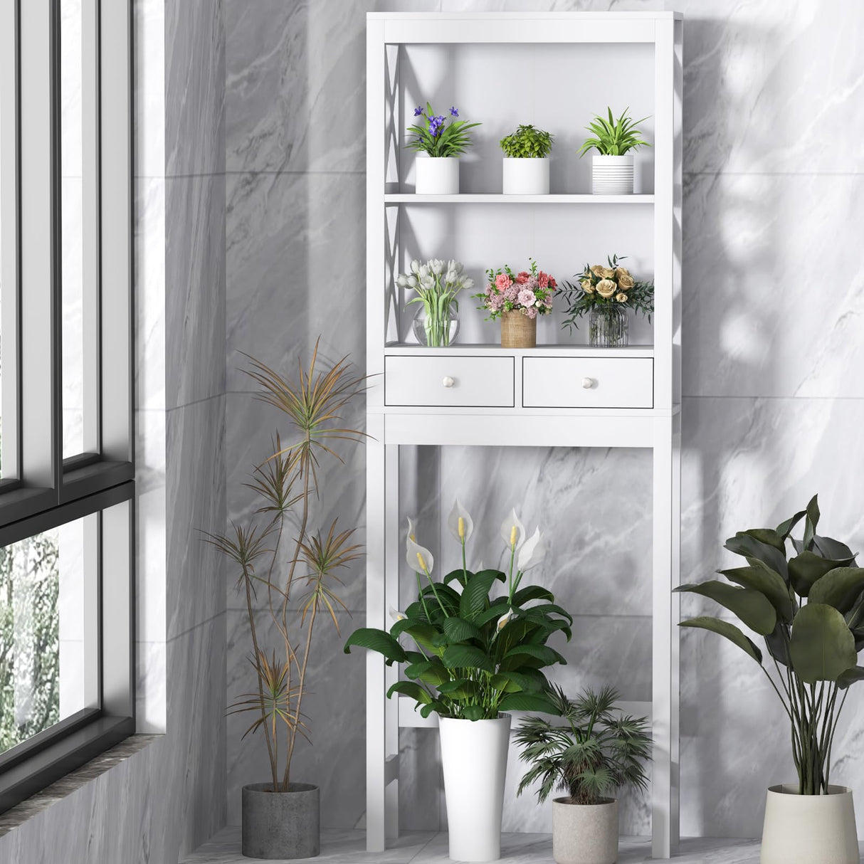 Giantex Over The Toilet Storage Cabinet, 65" Tall Freestanding Bathroom Organizer with Open Shelves, Storage Drawers & Adjustable Bottom Bar, Space Saver Above Toilet Rack for Bathroom, White Giantex