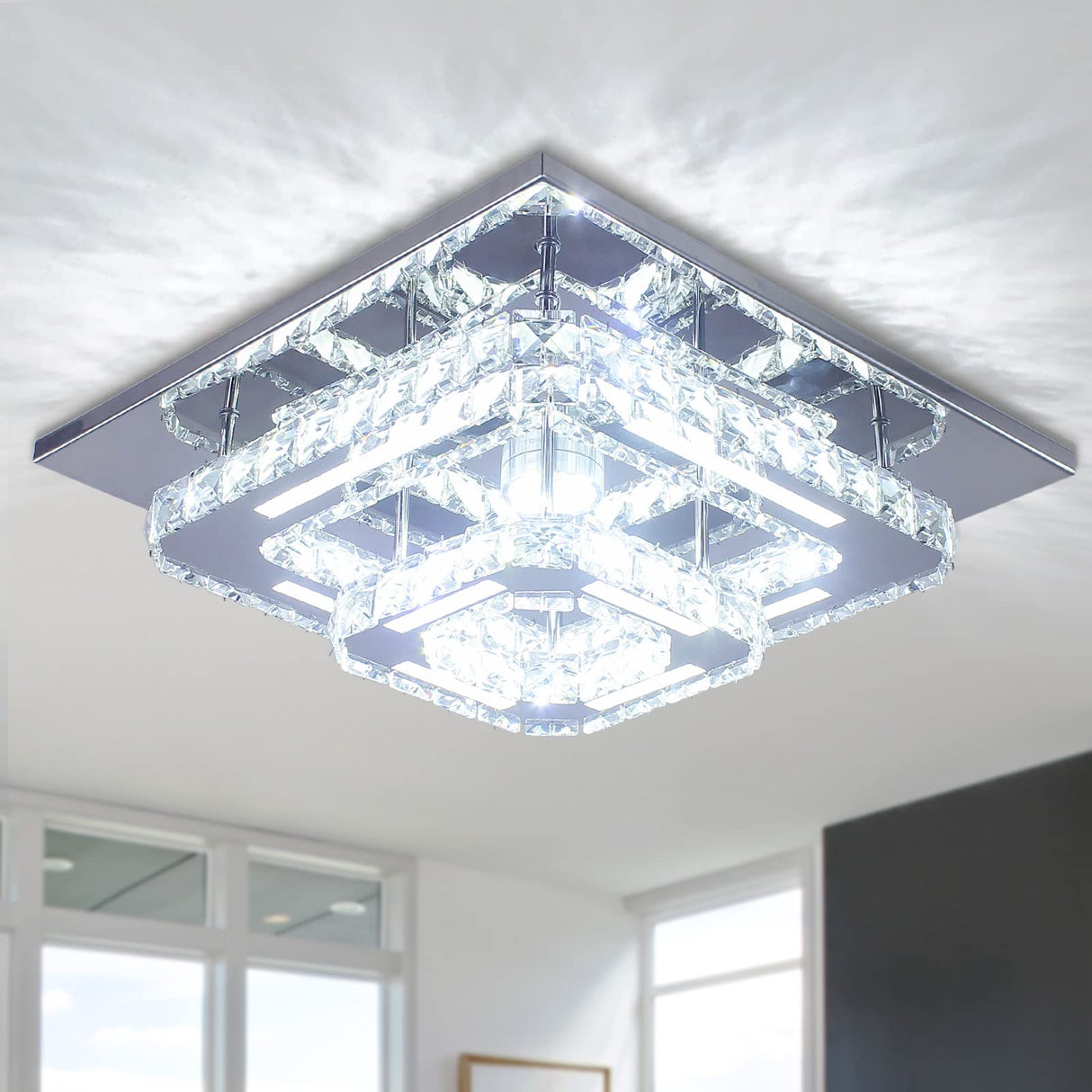 CXGLEAMING Modern LED Chandelier Crystal Ceiling Light Fixture Square Mini Pendant Lamp Flush Mount Ceiling Light for Bedroom Hallway Bathroom Living Room CXGLEAMING