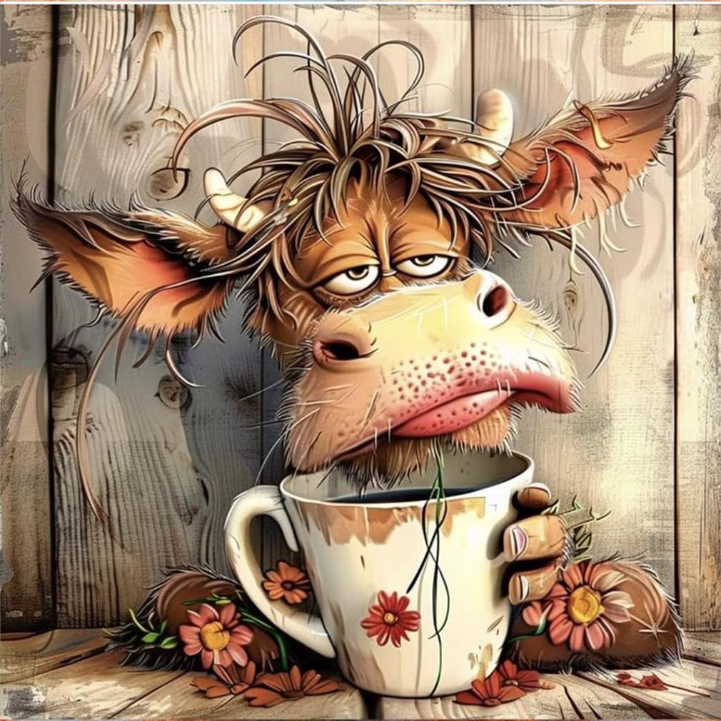 nekpiahu Cow Diamond Art Painting Kits for Adults,Diamond Painting Kits for Beginners 5D Animal Full Drill Diamond Dots,A Cup of Cafe in The Morning Gem Crafts for Adults Home Decor 12x12inch nekpiahu