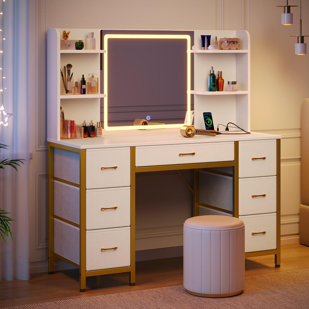 Rolanstar Vanity Desk with Lighted Mirror & Power Outlet, Makeup Vanity with 7 Fabric Drawers, 6 Storage Shelves & 3 Lighting Modes, Dressing Table for Bedroom, Girls, Women, White and Gold Rolanstar
