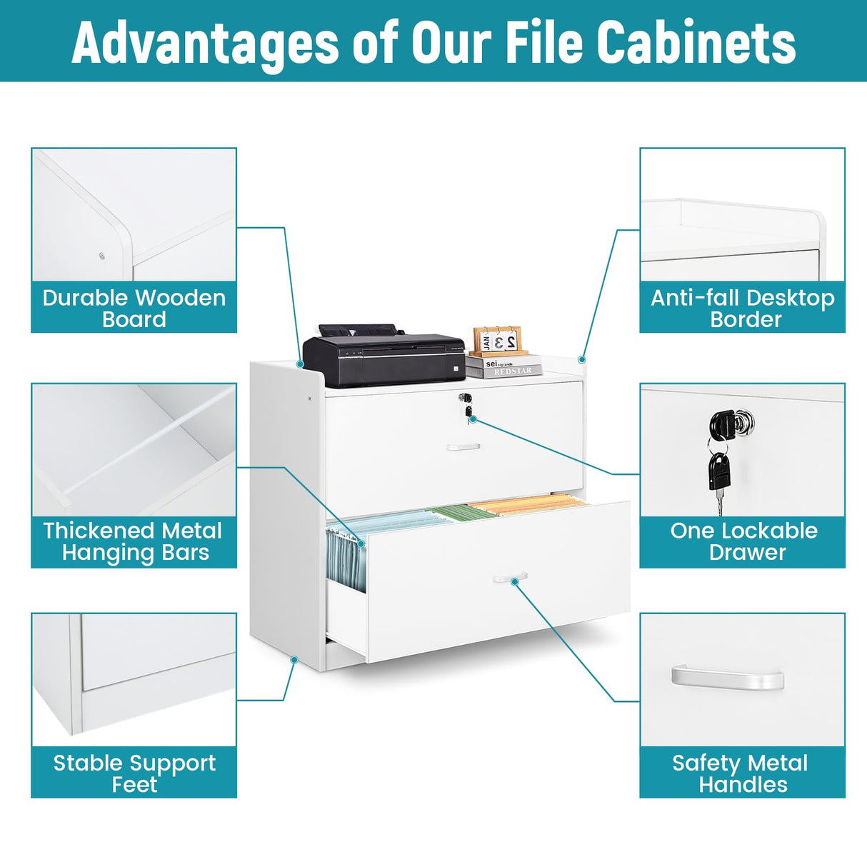 YORKING Wood Lateral File Cabinet with Lock, Storage Filing Cabinet with Full Extension Lockable Drawer Fits A4/Letter/Legal Size File Cabinets for Home Office Organizer, White, 2 Drawers YORKING