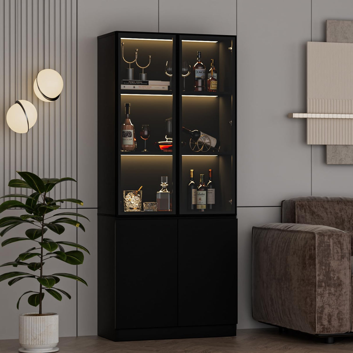 MAISONARIA Display Cabinet with Glass Doors & Lights, Curio Cabinet with 2 Shelves, Glass Display Cabinet for Living Room, Home Office, Bedroom, Black MAISONARIA