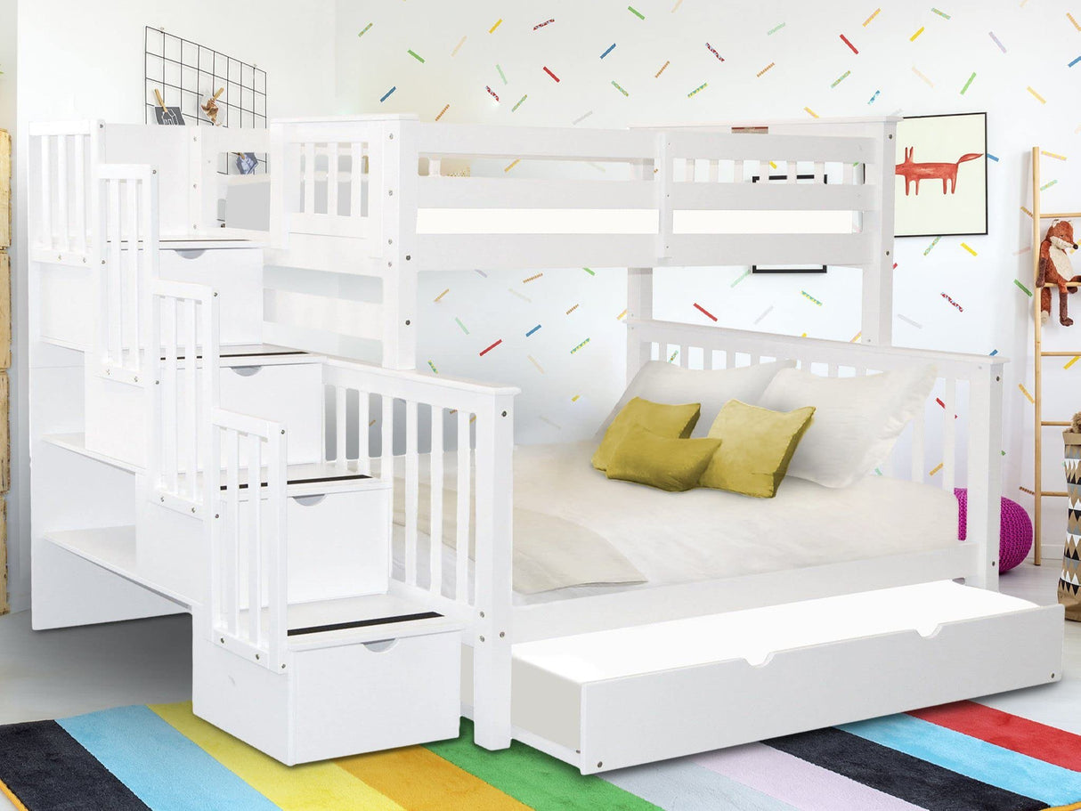 Bedz King Stairway Bunk Beds Twin over Full with 4 Drawers in the Steps and a Twin Trundle, White Bedz King