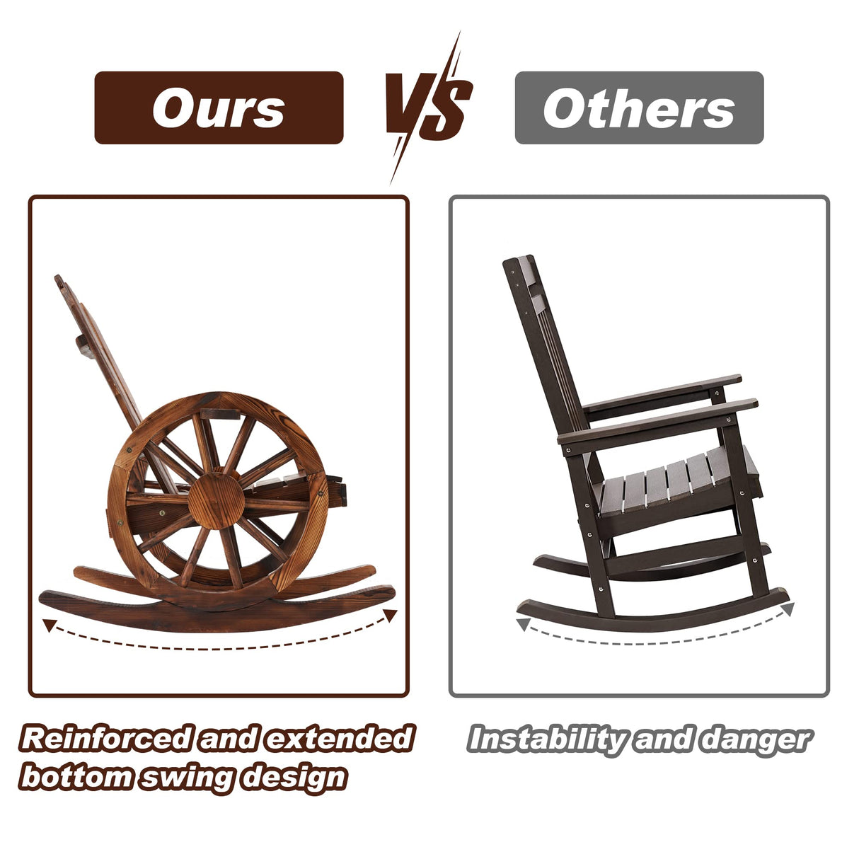 AHB Outdoor Wood Rocking Chair, Wagon Wheel Decor Armrest Yard Glider Rocking Patio Chair with Slatted Design, Adirondack Rocking Chair for Porch Lawn Garden Balcony Poolside, Brown (2 PCS) AHB