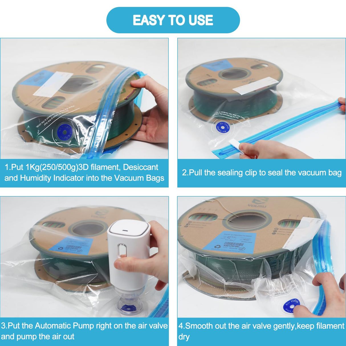 YOUSU Filament Storage Bags Vacuum Kit, Cleaning Drying Sealed 16 Bags with Two Sizes for 3D Printer Filament with Automatic Pumps/Desiccants/Humidity Indicator Cards/Clips Yousu
