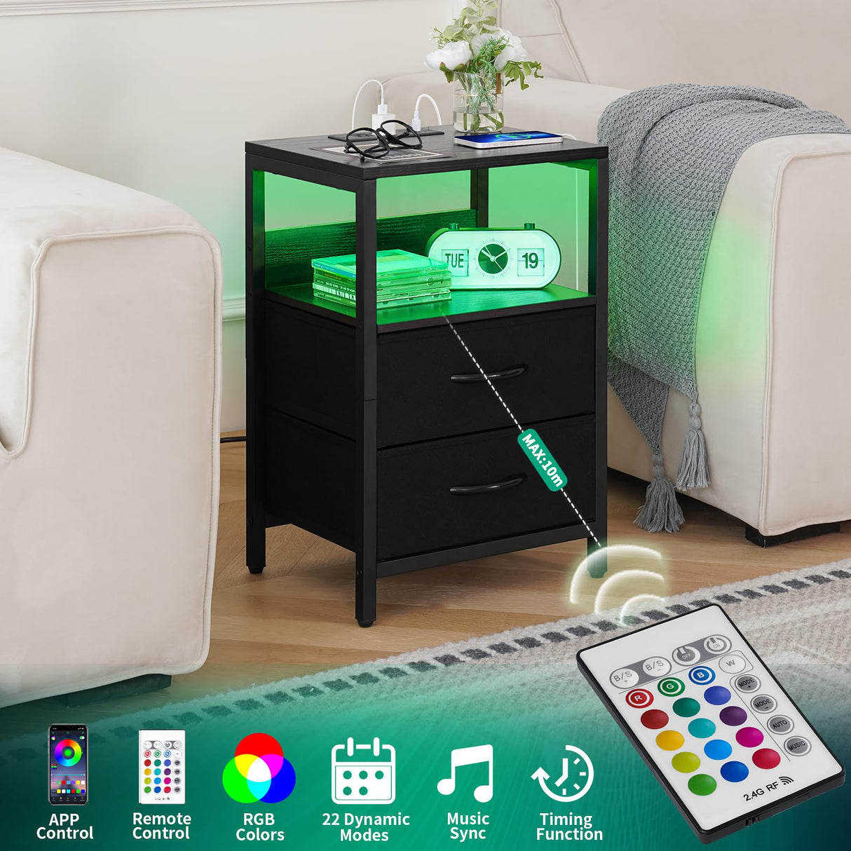 Yoobure Nightstand with Charging Station, LED Night Stand with Fabric Drawers and Storage Shelf for Bedroom, Nightstands Bedside Tables with USB Ports & Outlets, Small Night Stands, Bed Side Table Yoobure