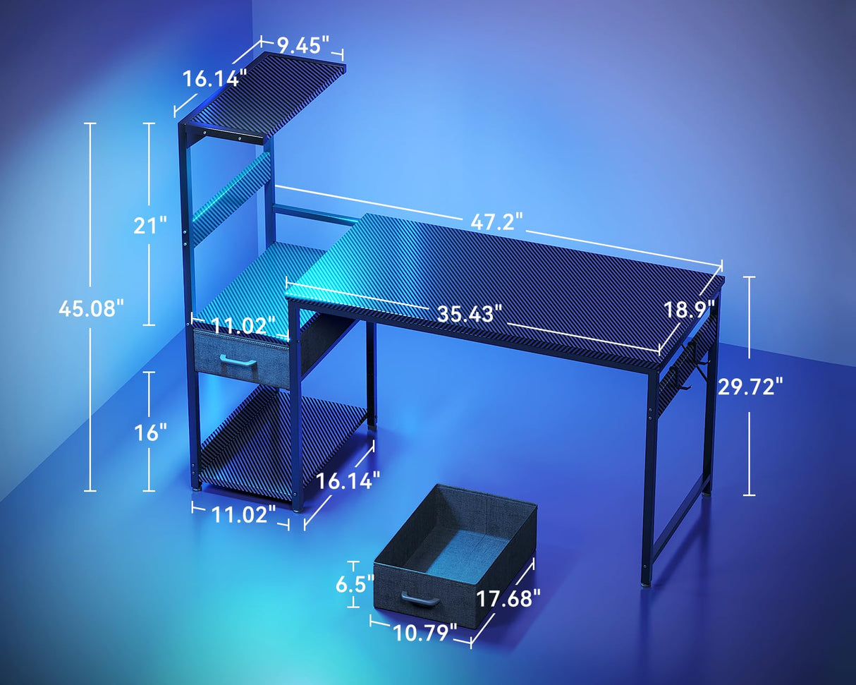 Casaottima 48 Inch Gaming Desk with Storage & LED Lights, Reversible Computer Desk with Display Shelves & Fabric Drawer, Modern Gamer Desk Table with Side Headphone Hook, Carbon Fiber Black Casaottima