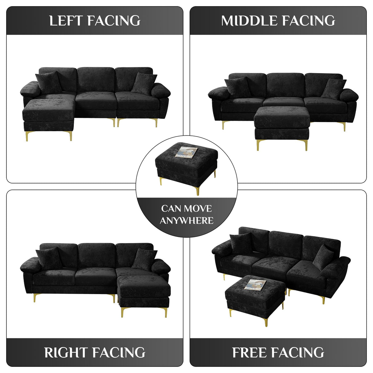 OUYESSIR L Shaped Sectional Sofa Couch, 3 Seat Velvet Sofa with Ottoman and Pillows, Upholstered Comfy Couch Sleeper for Living Room, Bedroom, 91 inches (Black) OUYESSIR