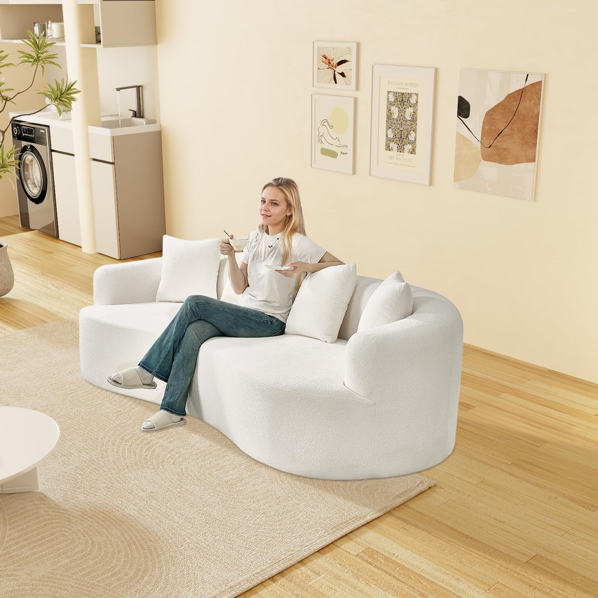 ONEMMLION Curved Sofa Sectional Couch for Living Room, 114" Modern Oversized Boneless Cloud Couch, Comfy Luxury Plush Chenille 4 Seater Memory Foam Sofa Deep Seat Couches, Cream White ONEMMLION