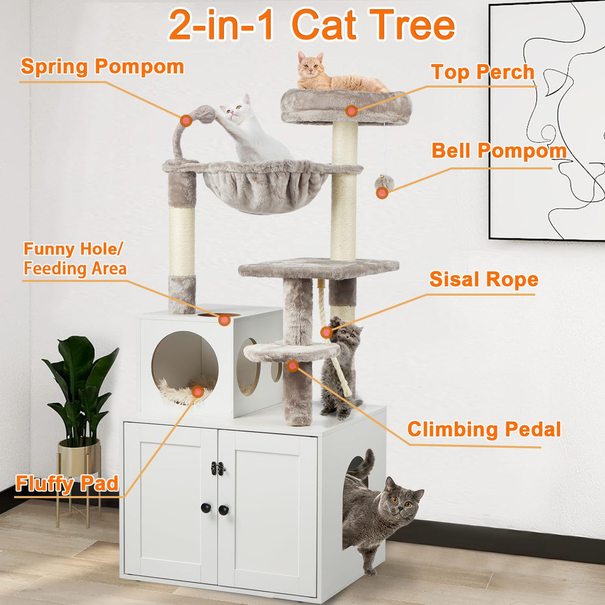 Timberer Cat Tree with Litter Box Enclosure, 2-in-1 Cat Tower for Indoor Cats, Large Cat Furniture, Wood Cat Condo with Basket, Scratching Posts, Pompoms, White Timberer