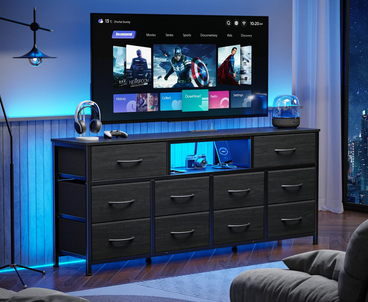 Furnulem 55” Long Dresser for Bedroom, TV Stand for 55 to 65 inch TV, Black Dresser with 10 Fabric Drawers, Chest of Drawer for Closet, Entertainment Center with Power Outlet & LED Light Furnulem