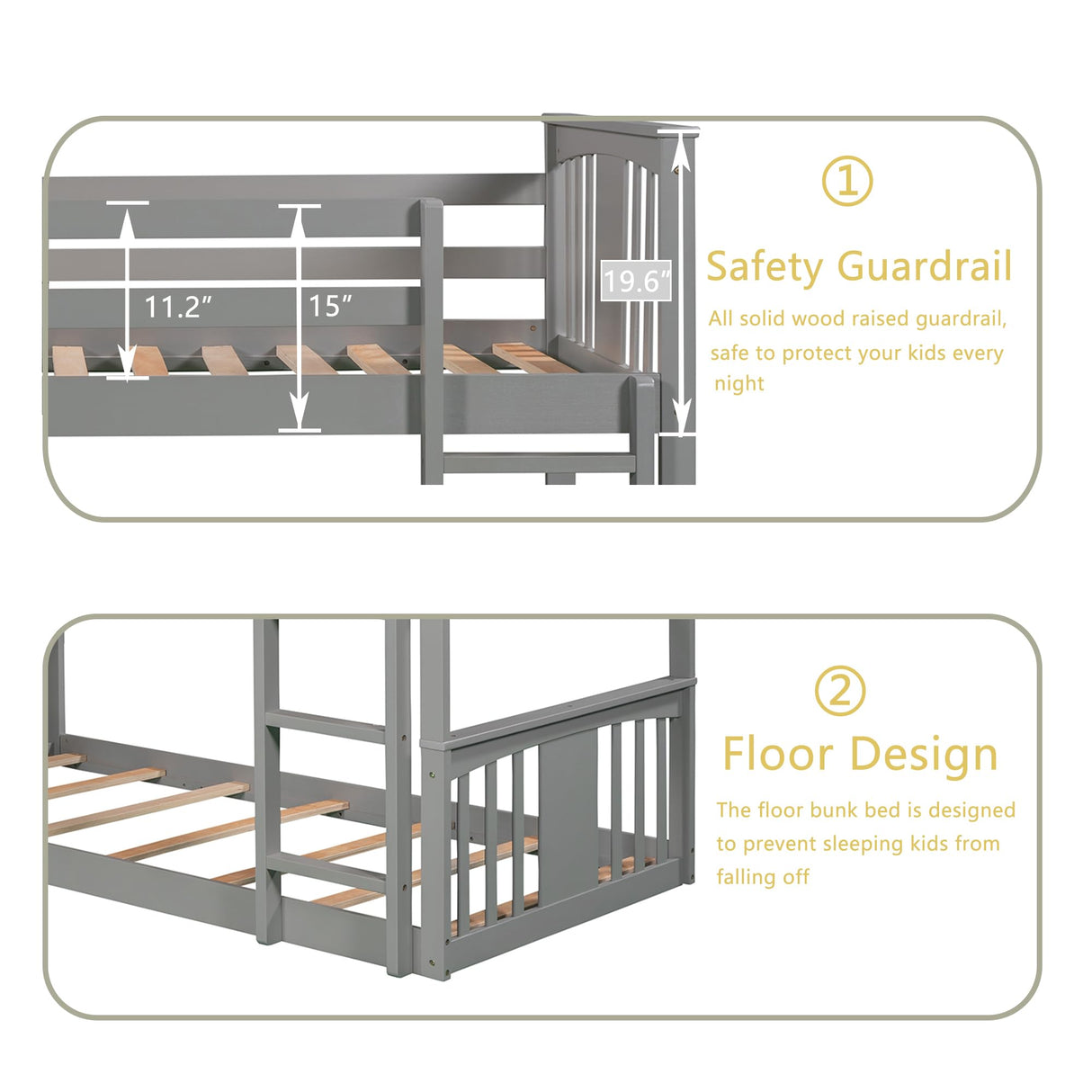 Low Bunk Bed Twin Over Twin, Twin Over Twin Bunk Bed with Ladder, Kids Bunk Beds with Full Length Guardrail, Montessori Floor Bunk Beds for Kids, Boys,Girls, Gray Bunk Bed Twin Size Bellemave