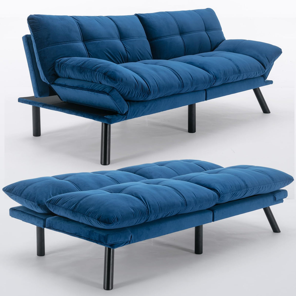 Miscoos Velvet Convertible Futon Sofa Bed, 71" Comfy Loveseat Sleeper Sofa with Adjustable Backrest Armrest, Strengthen Wood, Thick Padded Cushion, Small 2 Seater Futon Couch for Living Room, Bedroom Miscoos