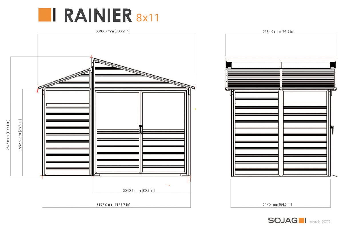 Sojag Rainier Aluminum Frame Storage Shed, Galvanized Steel Roof for Equipment Protection, Polycarbonate Panels for Natural Light, 8' x 11' Sojag