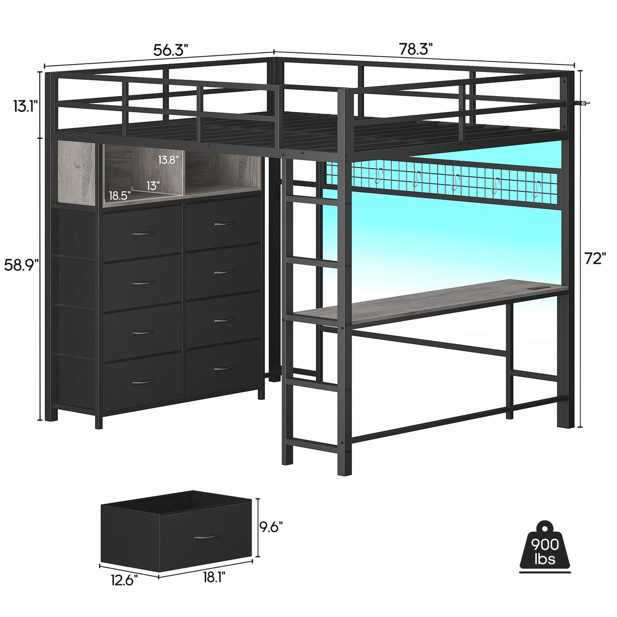 ADORNEVE Loft Bed Full Size with Desk and 8 Storage Drawers, LED Metal Loft Bed with Power Outlet, 2 Shelves & Clothing Rack, Bed with Safety Guardrail & Ladder,Space-Saving, Grey ADORNEVE