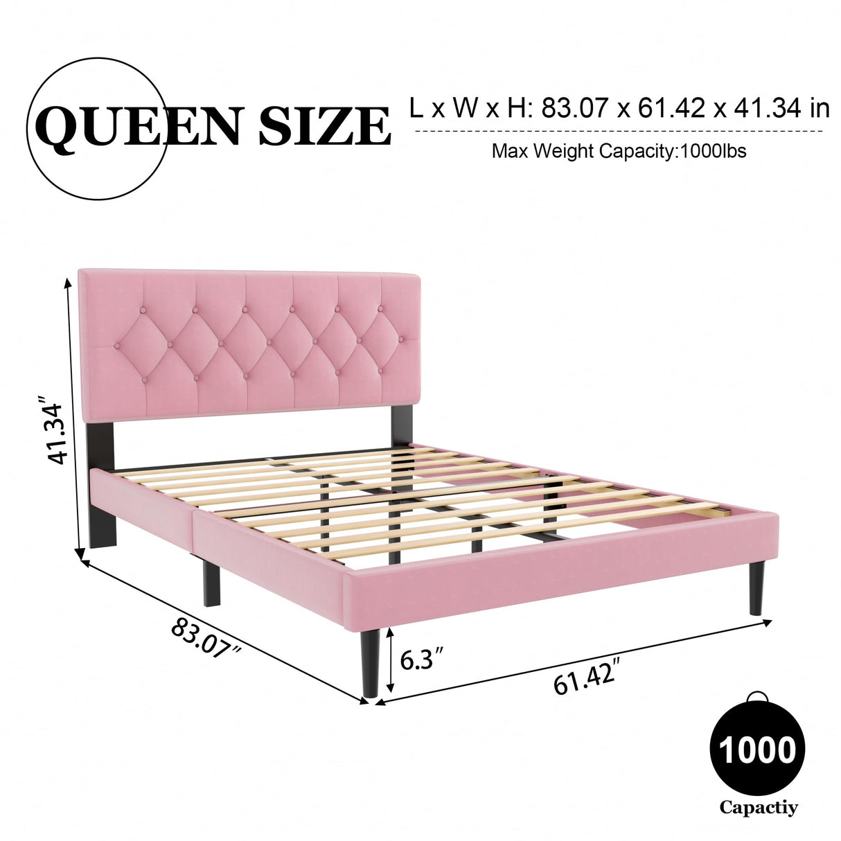 HAOARA Queen Size Platform Bed Frame with Upholstered Button Tufted Headboard, Mattress Foundation with Wooden Slat Support, Noise Free, No Box Spring Needed, Easy Assembly, Pink Velvet HAOARA