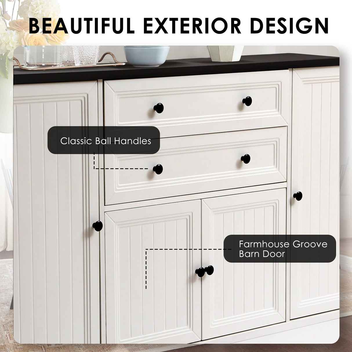 Grepatio 58" Farmhouse Sideboard Buffet Cabinet, Coffee Bar Cabinet with 2 Large Drawers & 4 Grooved Barn Doors, Wood Storage Cabinets for Dinning Room, Kitchen, Living Room, White Grepatio