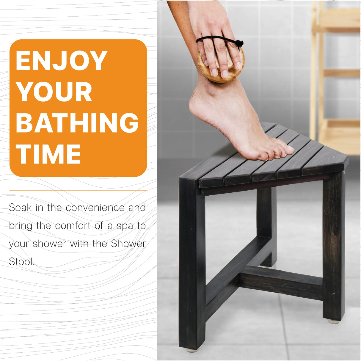 ENKEZI Shower Foot Rest 12 in - Shower Seat for Inside Shower - Shower Bench, Shower Stool for Shaving Legs, Corner Stool Suitable for Small Shower Spaces (Rustic Black) ENKEZI