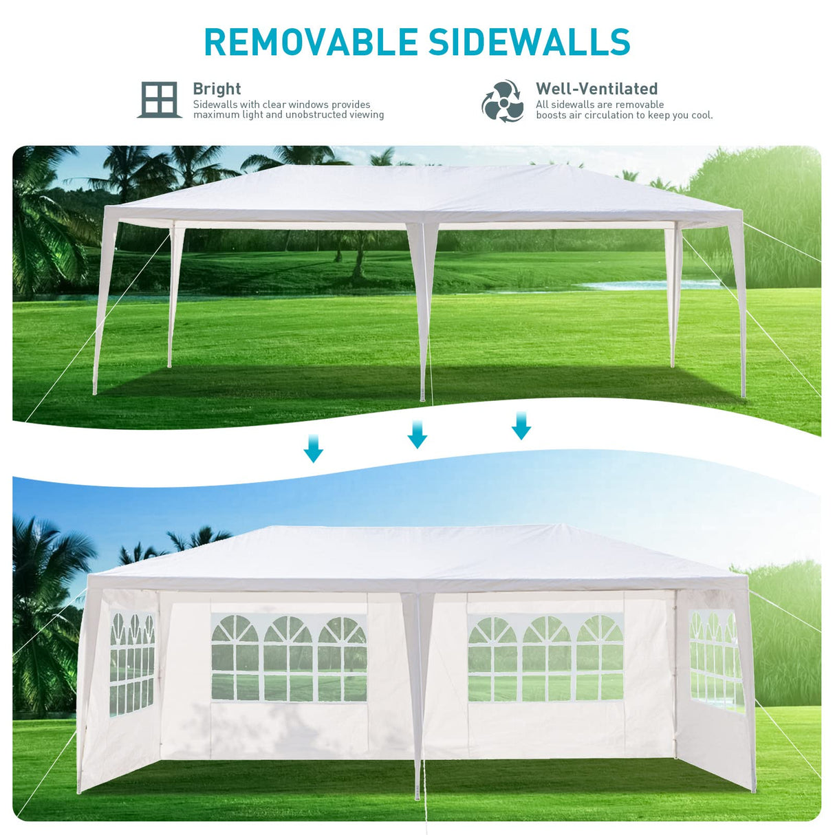 10'x20' Outdoor Party Tent, Large Tents for Parties, Wedding, Birthday, White Canopy Tent with 4 Removable Sidewalls & Transparent Windows, Outside Gazebo Event Tent for Backyard, Patio and Garden BNSPLY