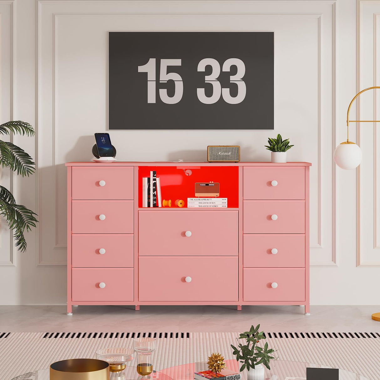 LDTTCUK Dresser with Charging Station and LED Lights, Pink Dresser for Girls Bedroom, Bedroom Long Dresser TV Stand with 10 Drawers, Fabric Wide Dresser Storage Organizer for Hallway, Kids Room LDTTCUK