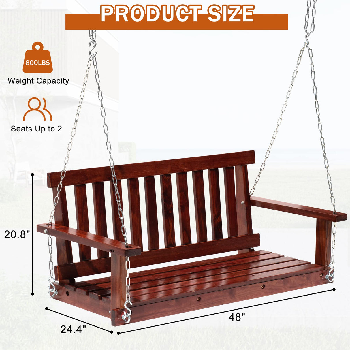 Heavy Duty Outdoor Wooden Porch Swings 4Ft/48in Bench Swing 800lb Weight Capacity, Durable Two Person Hanging Seating with Hanging Chains and Fixing Screw for Garden Backyard Lawn Balcony Deck,Brown CL.HPAHKL